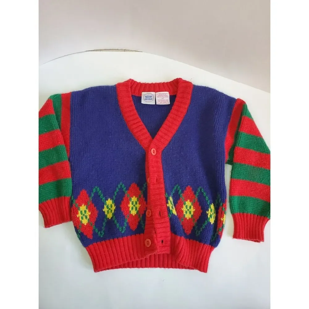 Vintage Boys Mine Alone Blue Red Sweater Cardigan Button Up 90s‎ 4t